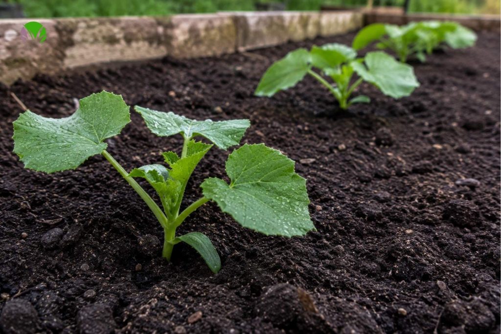 Young courgette seedlings in a UK garden showing the kind of tender plants vulnerable to late spring frost damage