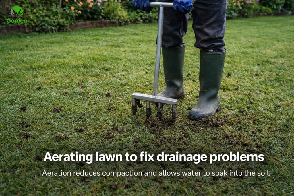 Aerating a lawn to improve poor drainage and reduce soil compaction