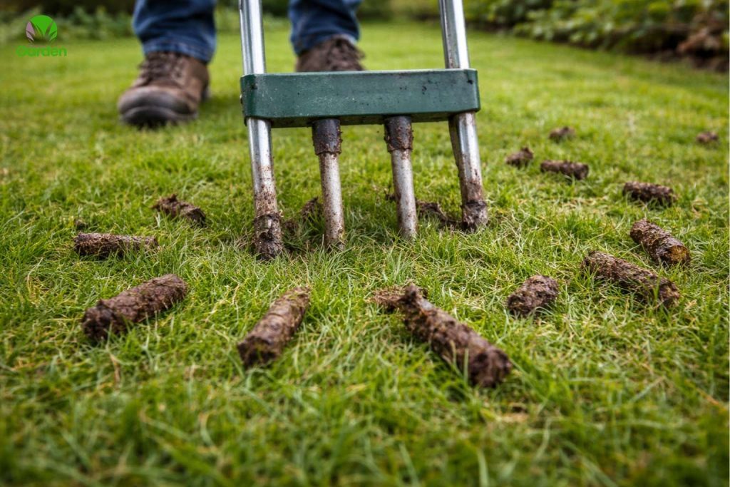 Aerating a lawn to improve poor garden drainage and reduce compaction