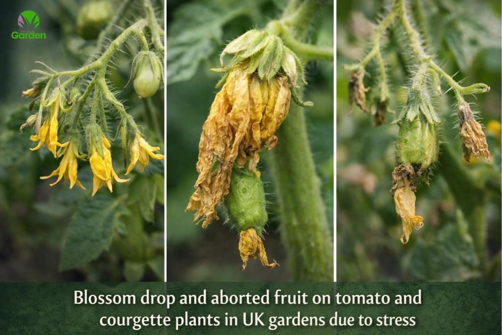 Blossom drop and aborted fruit on tomato and courgette plants in UK gardens caused by stress and moisture imbalance