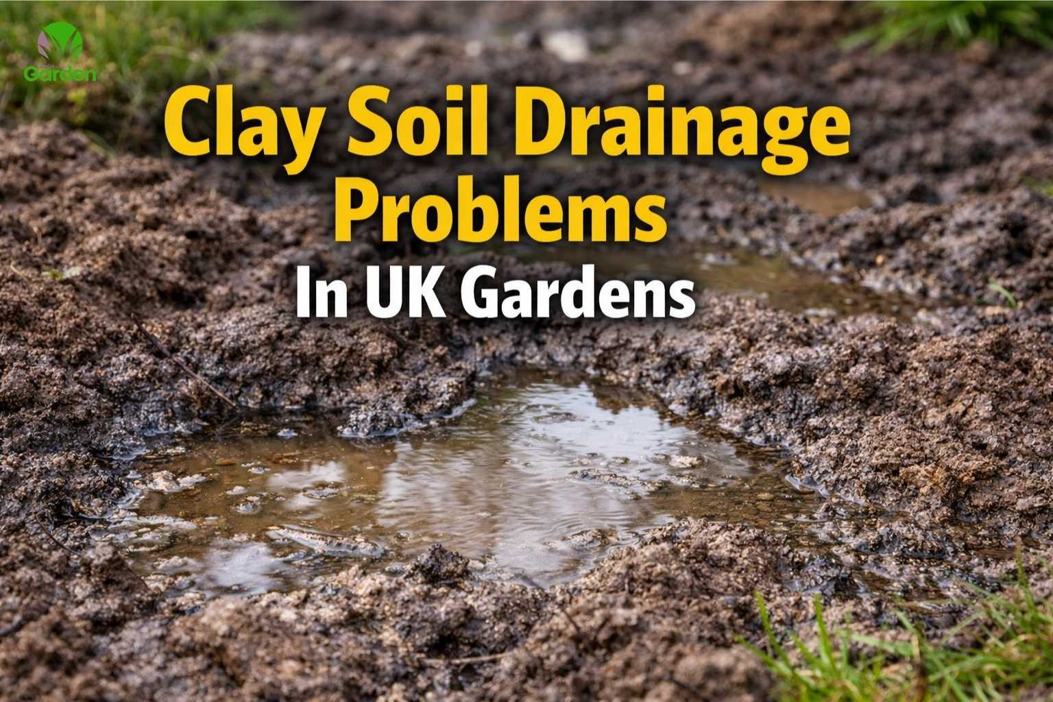Waterlogged clay soil in a UK garden showing poor drainage after rain