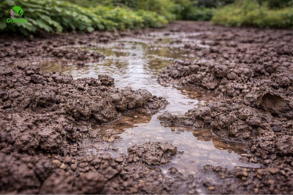 Heavy clay soil in a UK garden holding water after rainfall