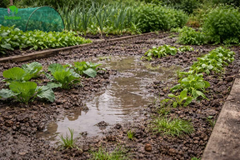 Vegetable garden bed with water pooling on heavy clay soil after rain in the UK