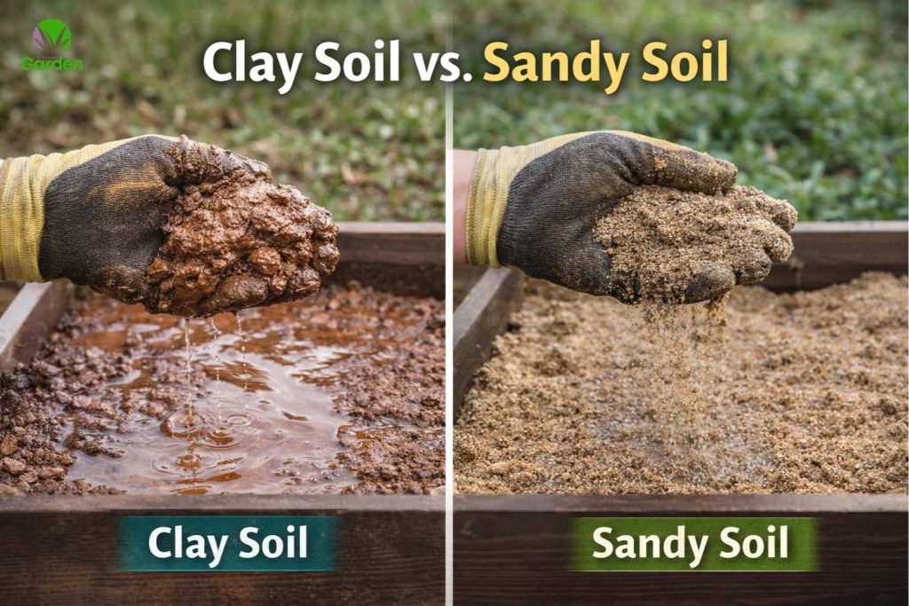 Clay soil versus sandy soil in UK gardens showing heavy waterlogged clay compared with loose free-draining sandy soil