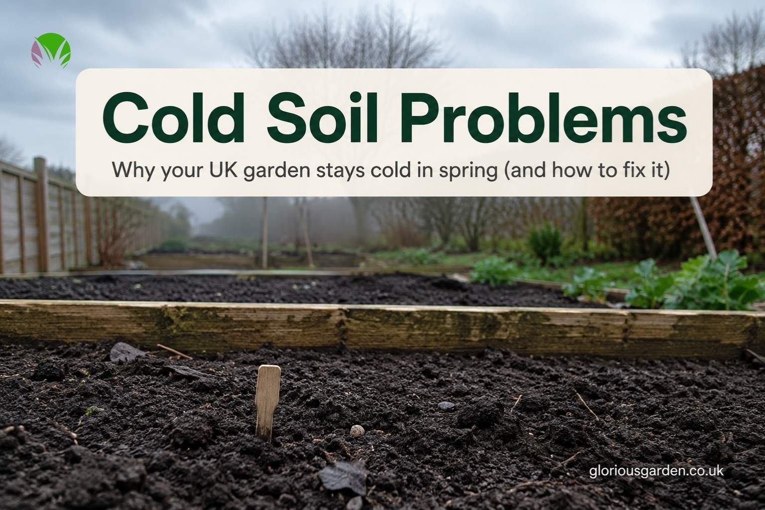 Stalled vegetable seedlings in cold wet UK garden soil in early spring showing slow growth