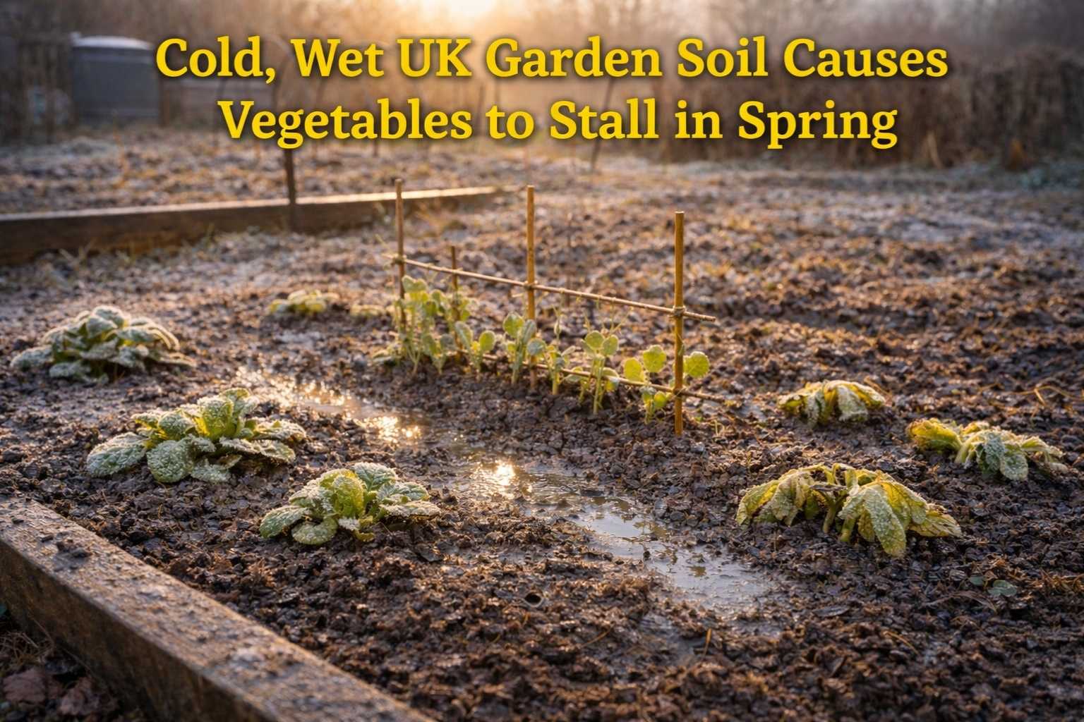 Frost-covered vegetable bed in early spring with cold wet soil causing slow growth in UK gardens.