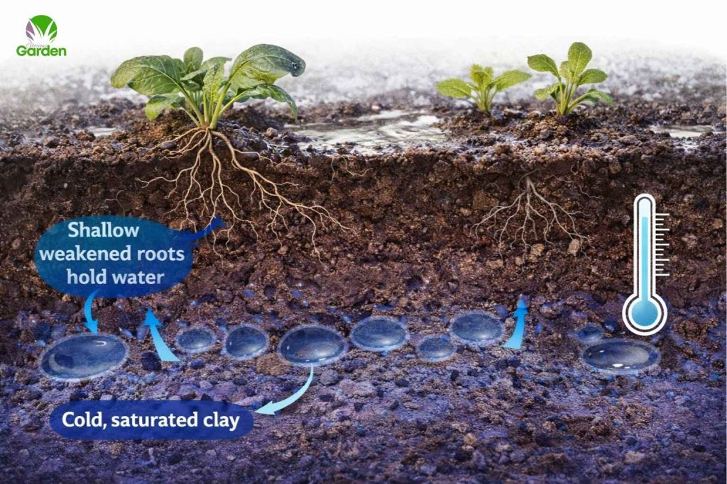 Cross section of cold waterlogged clay soil showing shallow vegetable roots in saturated UK garden ground.