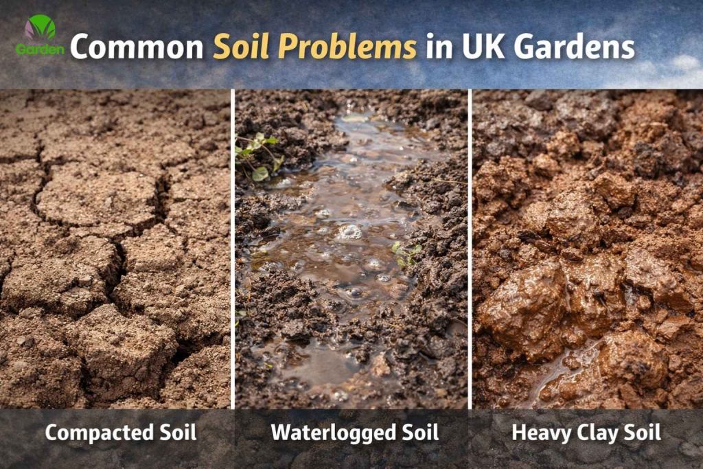 Common soil problems in UK gardens showing compacted soil, waterlogged soil and heavy clay soil that prevent plants absorbing nutrients