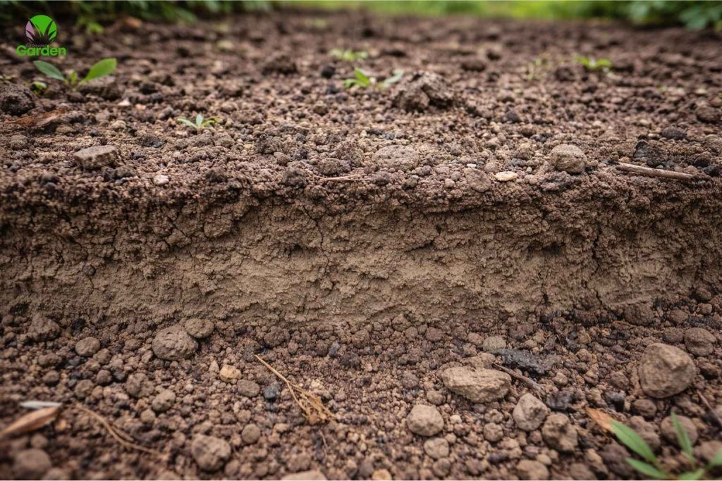 Compacted soil layer blocking drainage in a garden bed