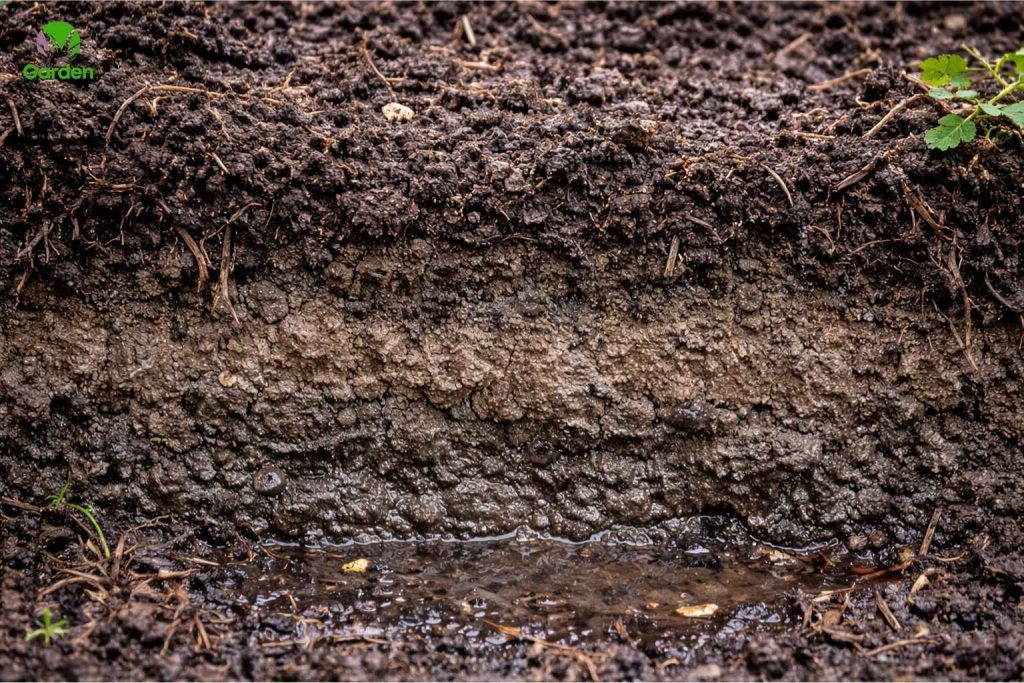 Compacted soil layer trapping water and preventing drainage in garden soil