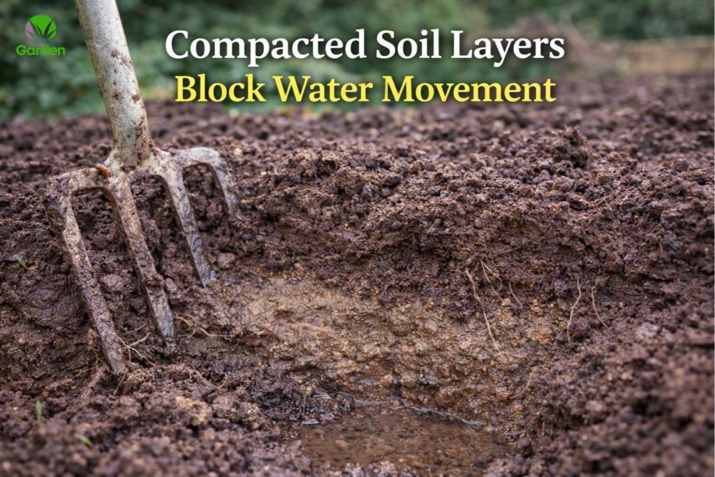 Compacted soil layer beneath topsoil in a UK garden blocking water drainage and root growth
