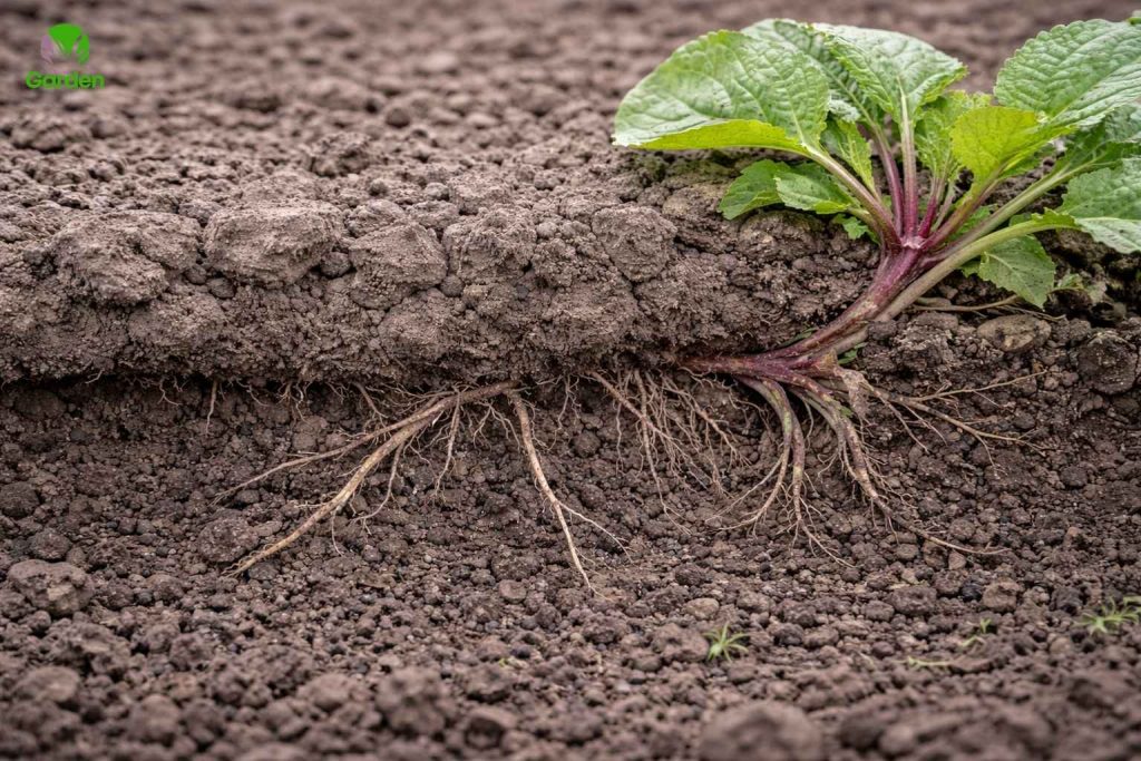 Compacted soil in a UK garden bed affecting vegetable plant growth