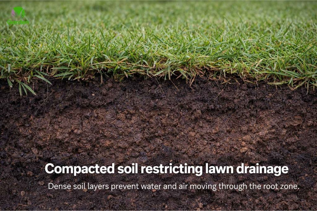 Compacted soil beneath lawn grass blocking proper drainage
