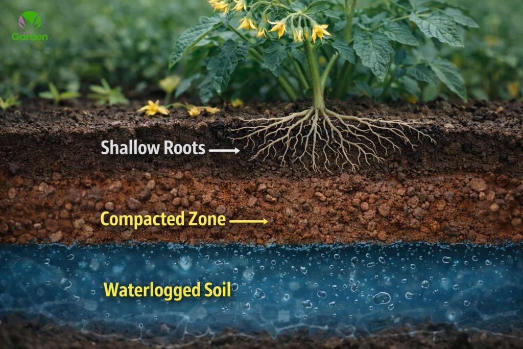 Shallow vegetable roots trapped above compacted soil and waterlogged ground preventing crop development.