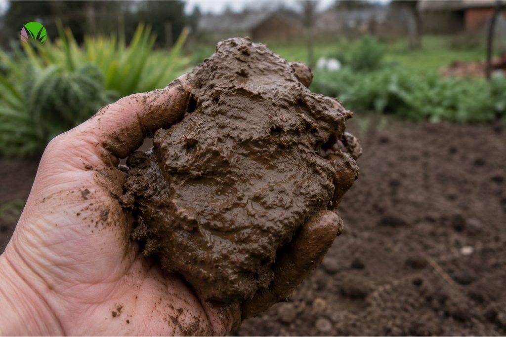Hand holding a clump of wet sticky clay soil in a UK garden showing poor drainage texture