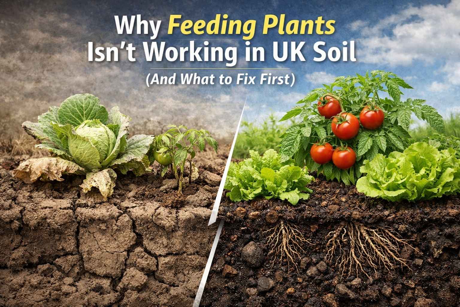Feeding plants not working in UK soil showing poor compacted soil with struggling vegetables beside healthy plants growing in improved soil