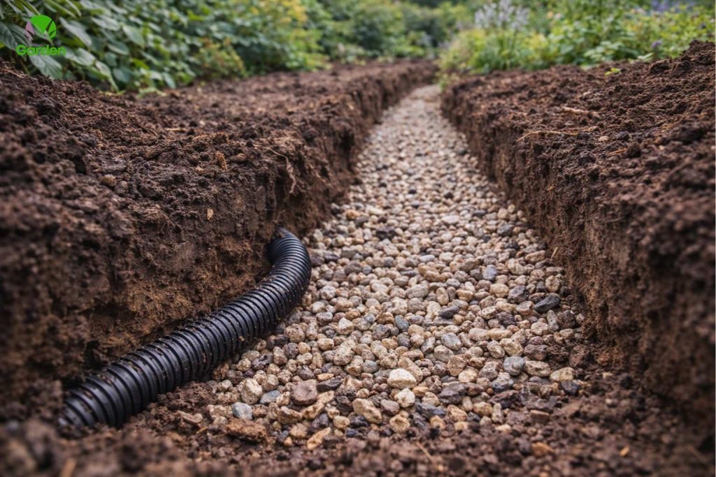 French drain trench in a garden filled with gravel and drainage pipe