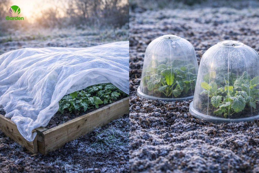 Vegetable plants protected from late frost using garden fleece and plastic cloches in early spring.