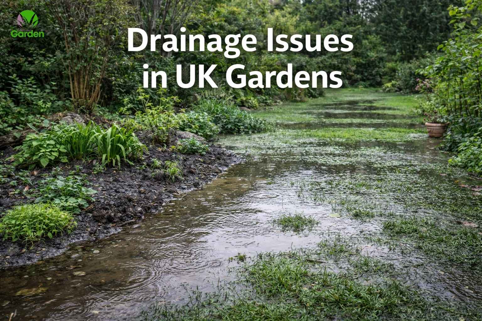 Waterlogged garden in the UK showing poor soil drainage after heavy rain