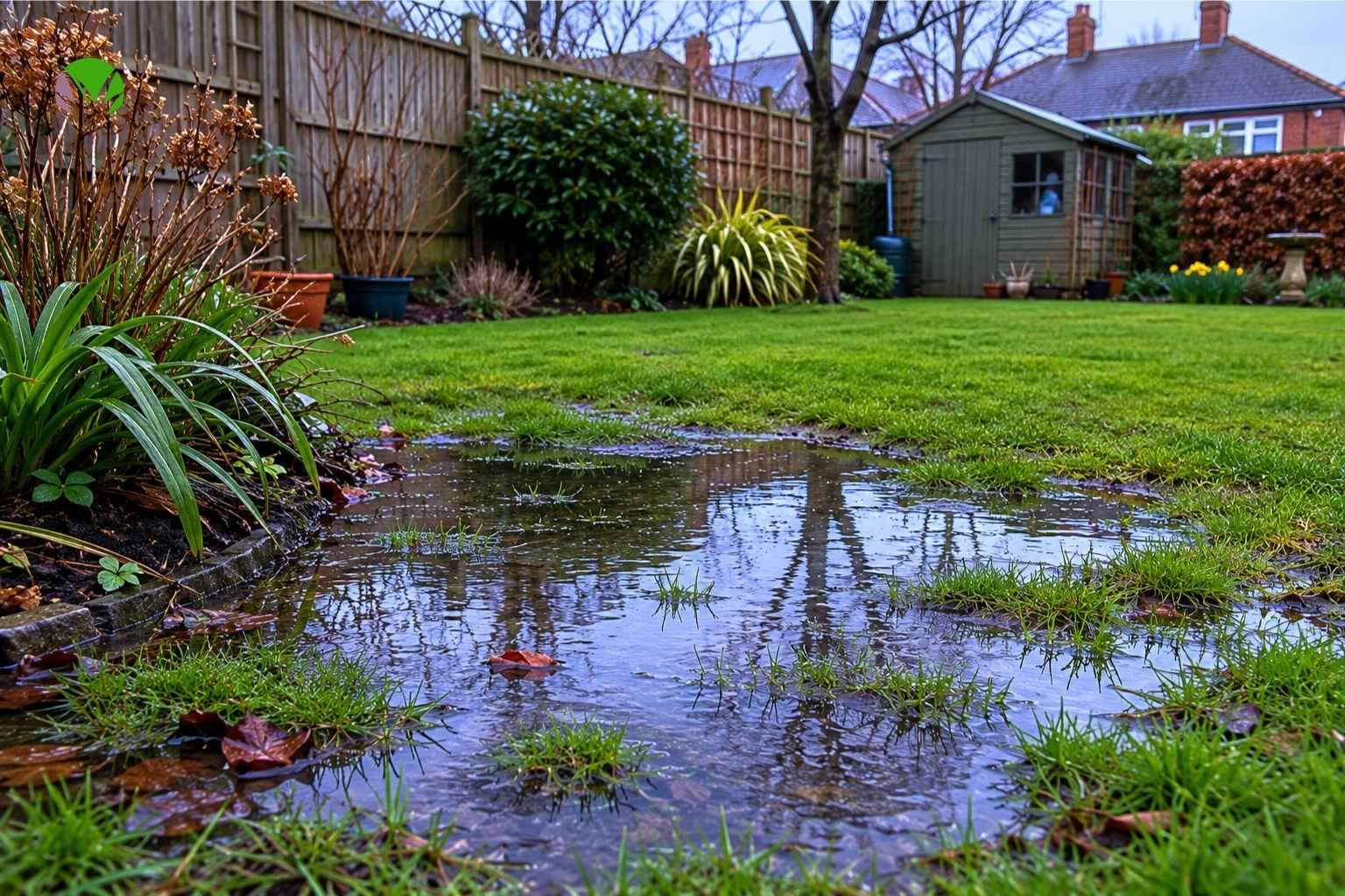 Waterlogged section of a UK garden lawn with standing water after heavy rain showing poor drainage