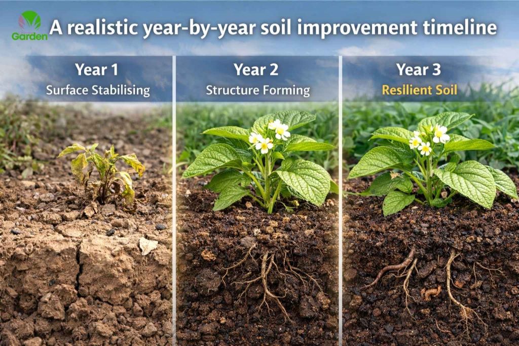 Garden soil improvement timeline in the UK showing soil structure improving from compacted soil in year one to healthy resilient soil by year three