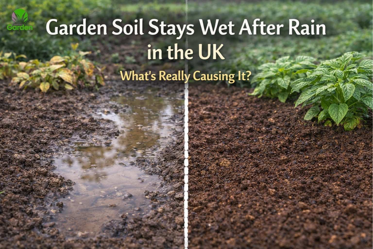 Garden soil staying wet after rain in the UK showing waterlogged muddy soil beside well drained healthy garden soil with strong plant growth