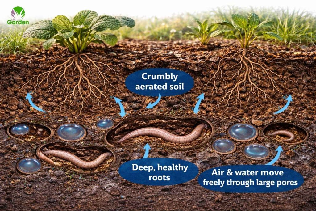 Healthy aerated garden soil with deep vegetable roots allowing air and water to move freely in UK gardens.