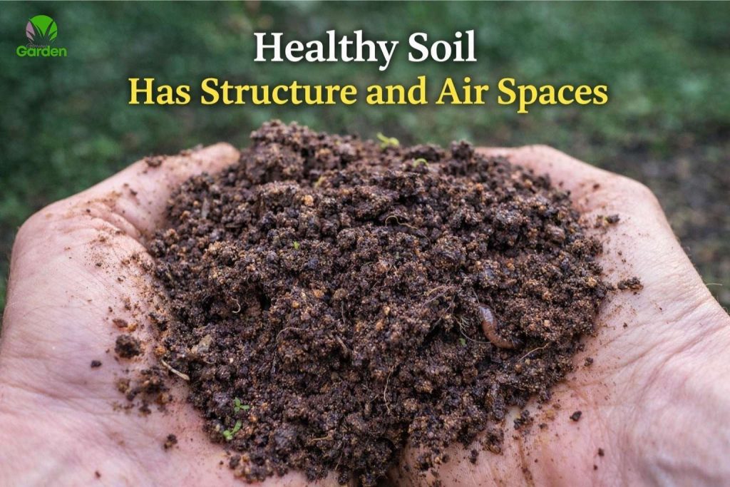 Healthy crumbly garden soil in the UK with organic matter and air spaces that allow good drainage
