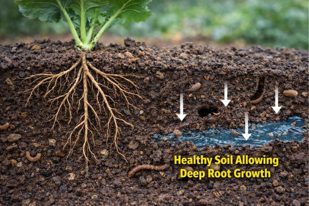 Healthy garden soil allowing deep vegetable root growth with good drainage and oxygen flow in UK gardens.