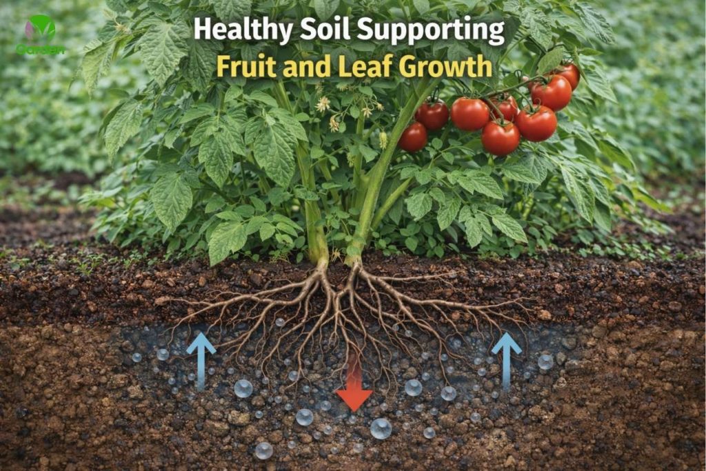 Healthy vegetable plant with deep roots in well-drained soil supporting both leafy growth and fruit production.