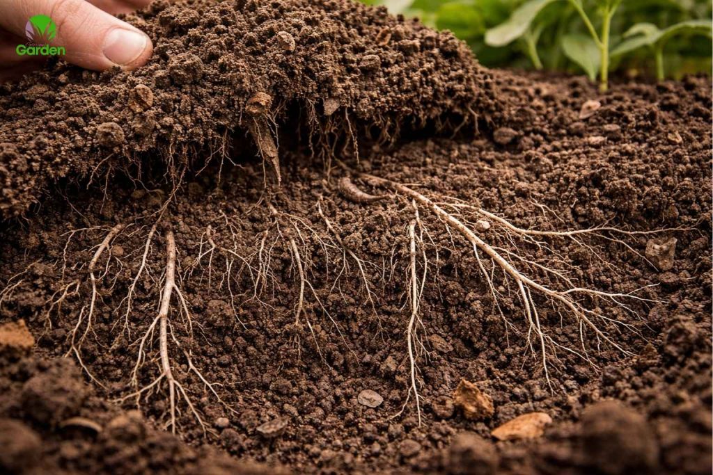 Close-up of healthy soil structure with visible roots and air spaces in a UK vegetable garden
