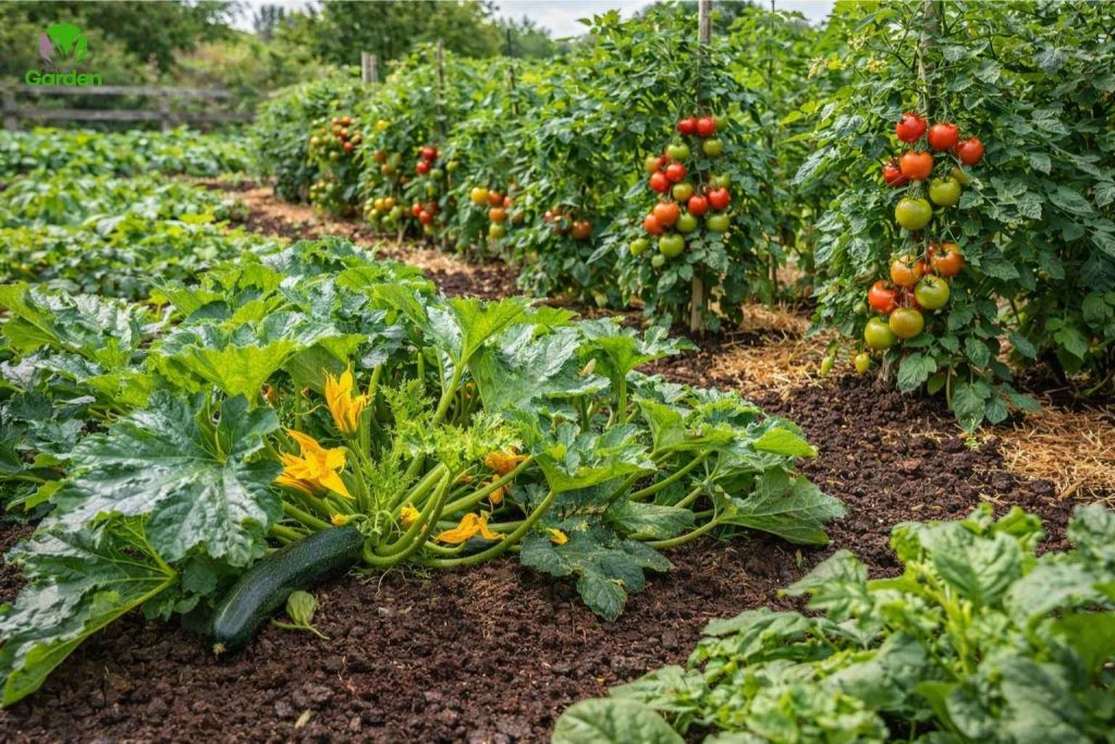 Healthy thriving vegetable plants producing strong growth and crops in a well cared for UK garden
