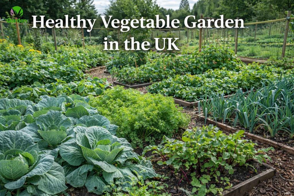 Healthy productive vegetable garden in the UK showing strong growth after improving soil structure and drainage.