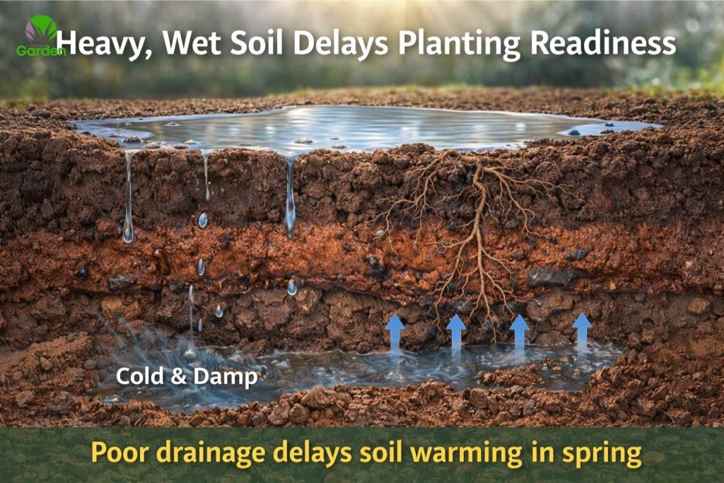 Heavy wet garden soil staying cold in spring with poor drainage delaying planting readiness.