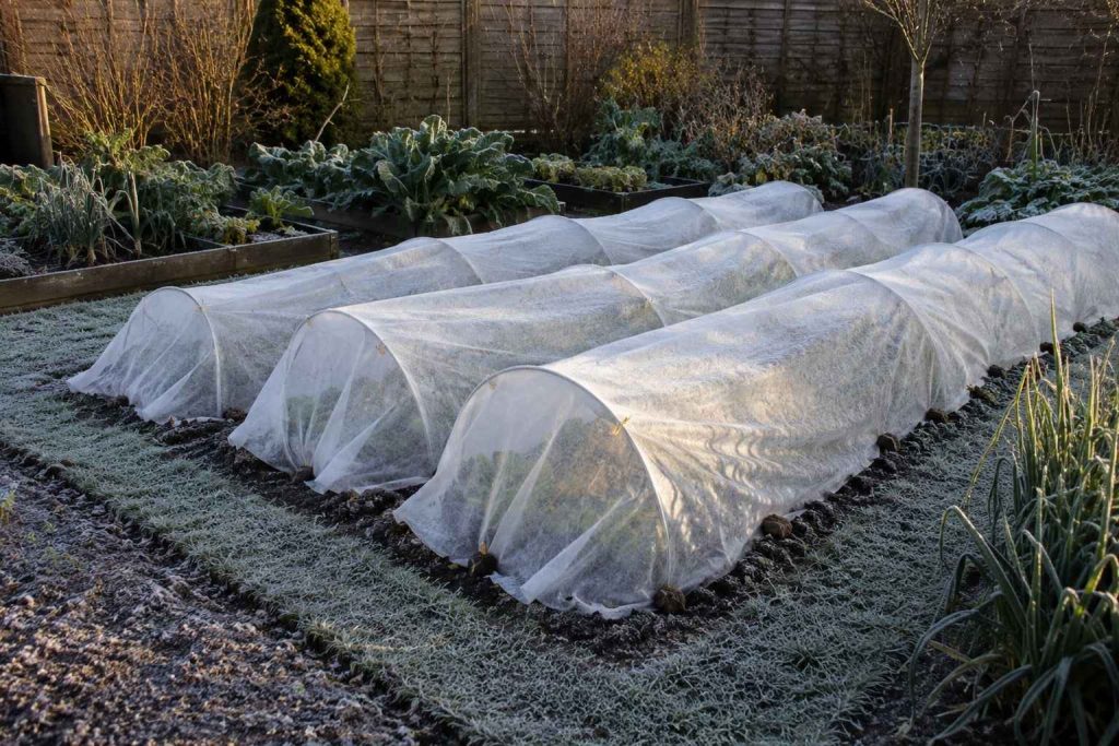 Rows of young vegetables covered with horticultural fleece against frost