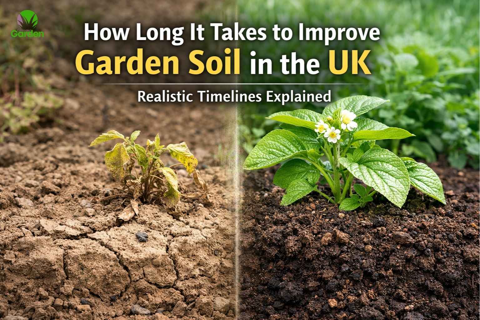 How long it takes to improve garden soil in the UK showing compacted dry soil with struggling plant beside healthy plant growing in improved soil