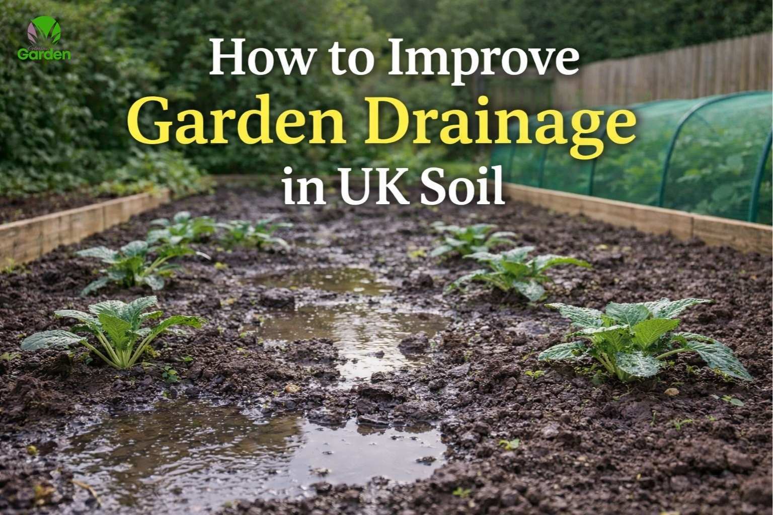 Waterlogged garden soil in a UK raised bed showing poor drainage after heavy rain