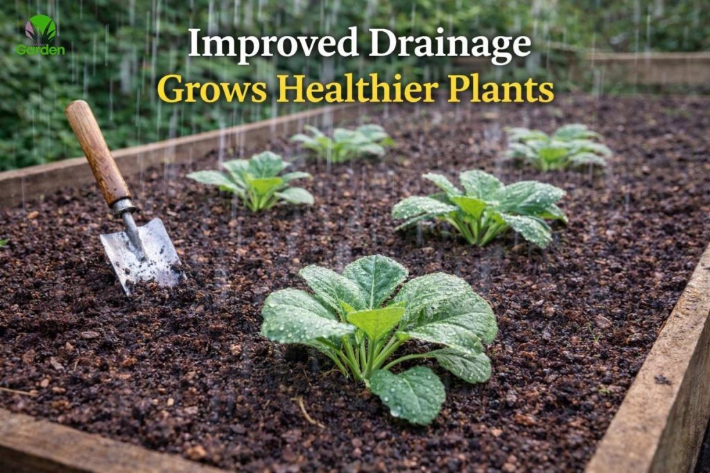 Healthy plants growing in well-drained UK garden soil after drainage has improved
