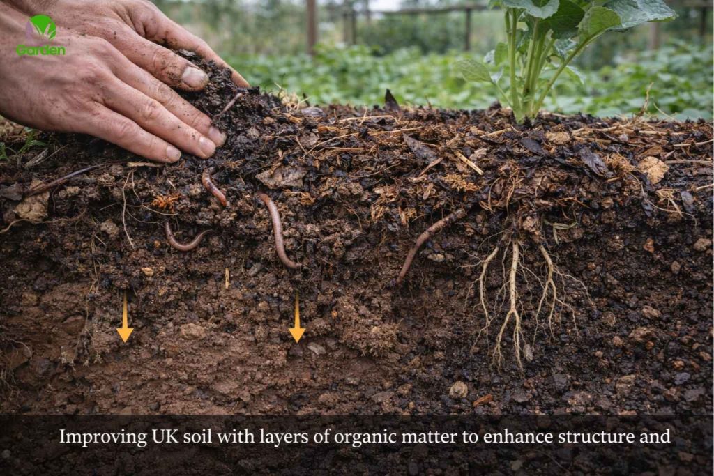 Improving UK garden soil with organic matter and earthworms creating channels for better drainage and root growth.