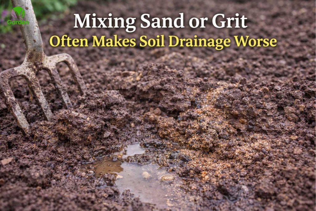 Sand and grit mixed into heavy clay soil creating dense, poorly draining garden soil in the UK
