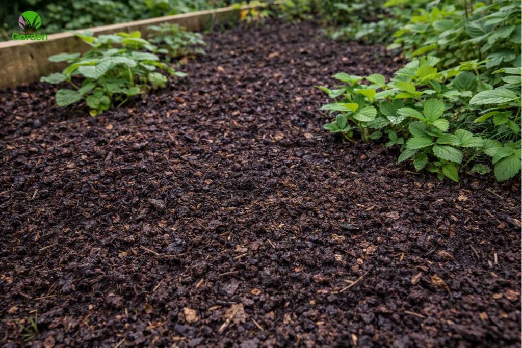 Organic mulch spread over garden soil to improve drainage naturally
