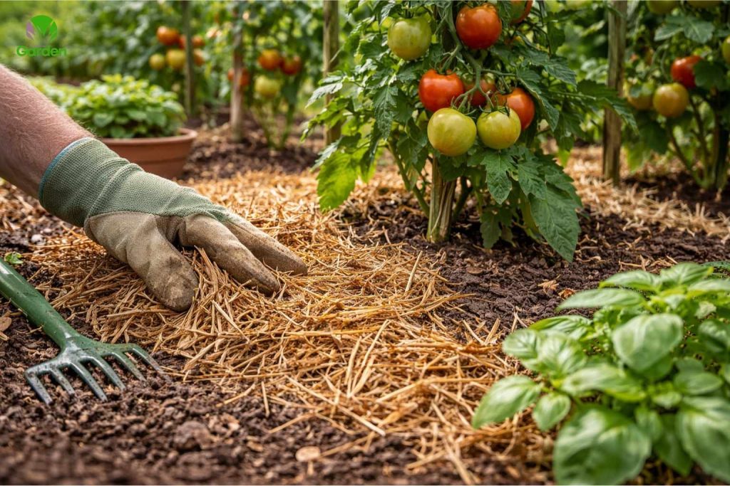 Gardener applying organic mulch around vegetable plants to protect soil and improve plant health in a UK garden
