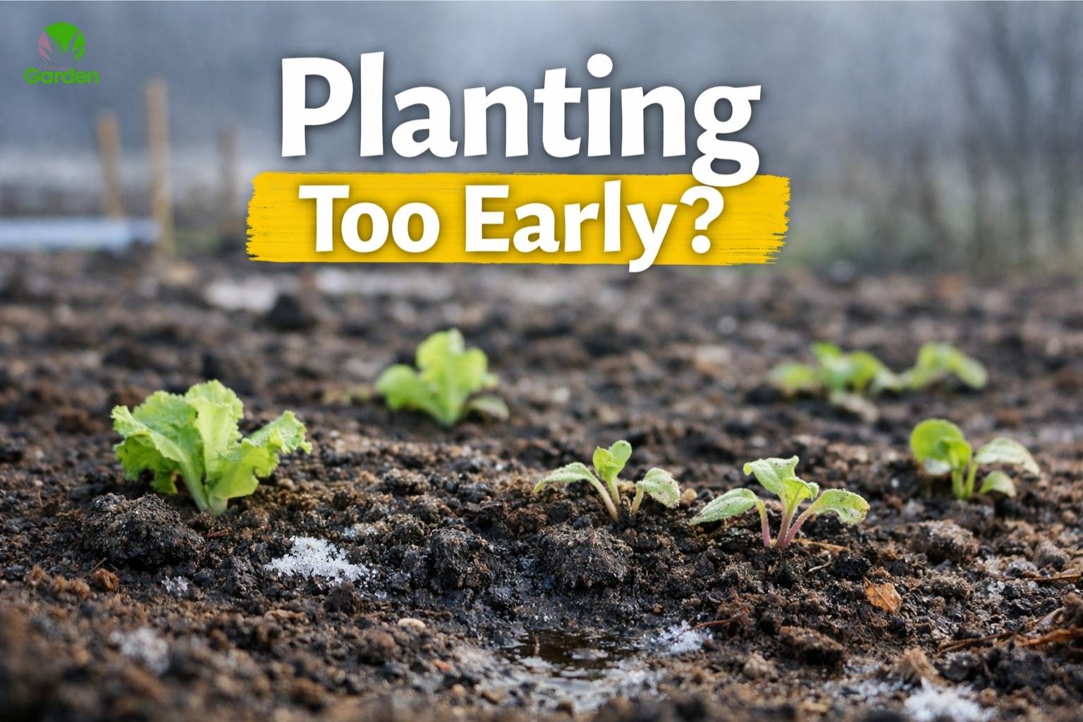 Young vegetable seedlings planted in cold soil with frost showing problems caused by planting too early in spring.