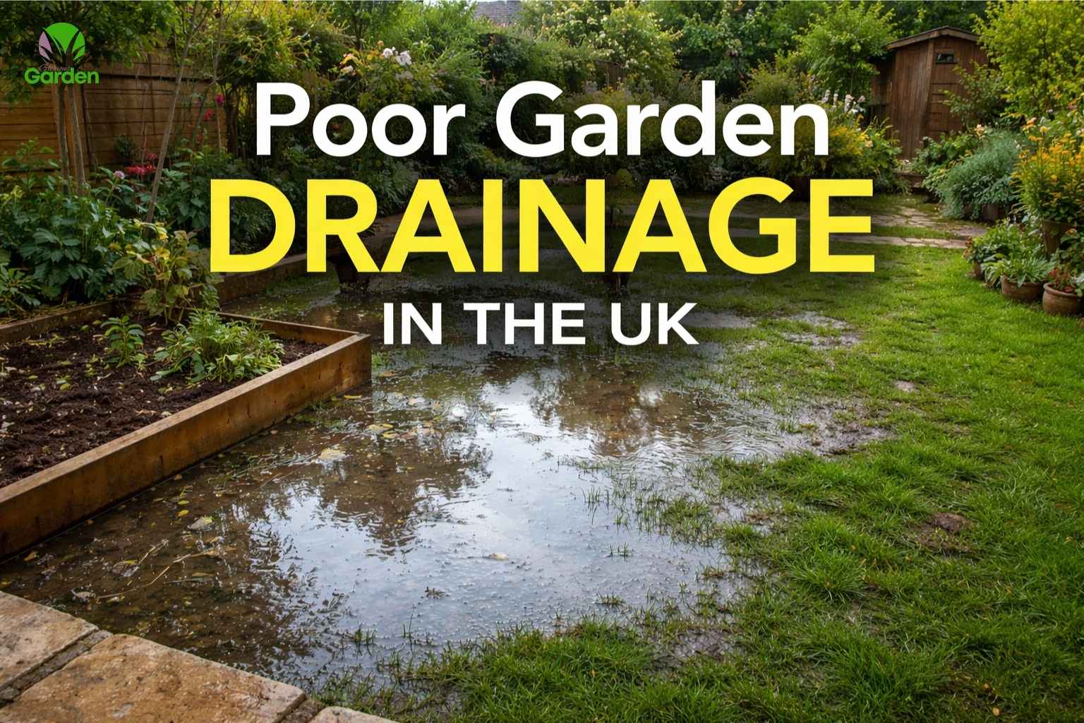 Standing water in a UK garden showing poor garden drainage after heavy rain