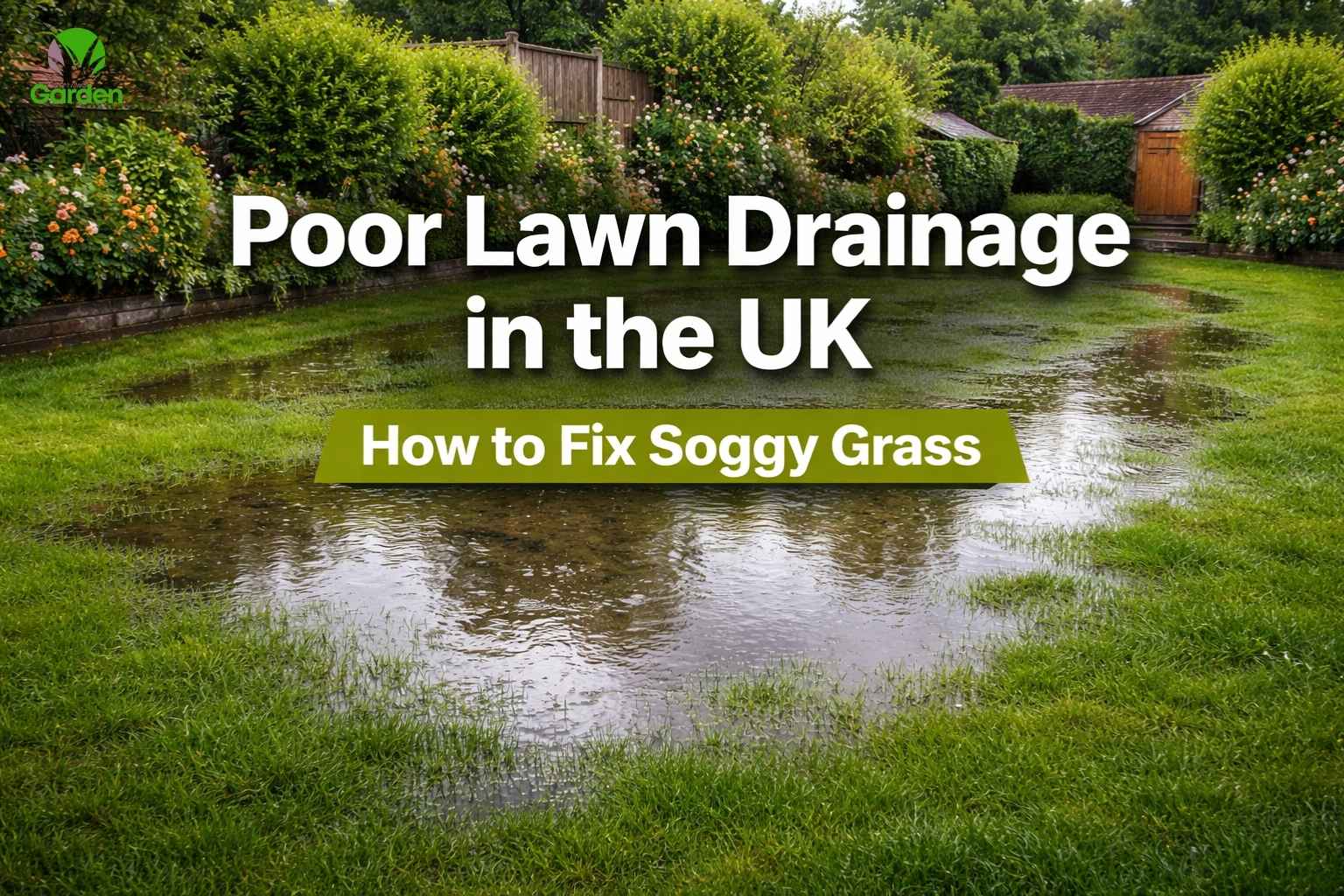 Waterlogged lawn in a UK garden showing poor lawn drainage after heavy rain