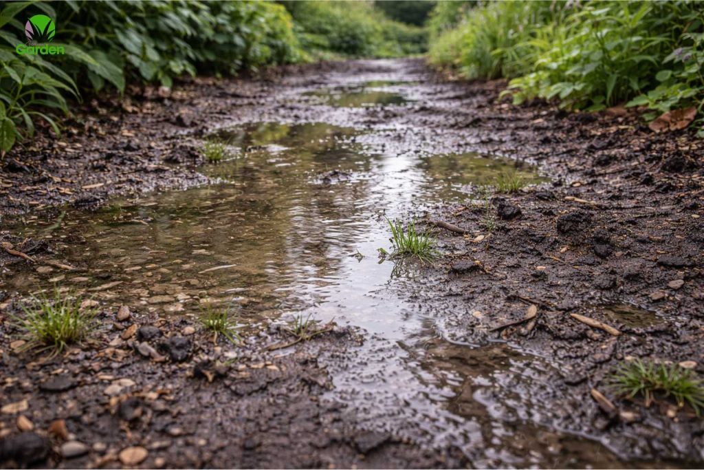 Puddles forming on compacted garden soil after rain due to poor drainage