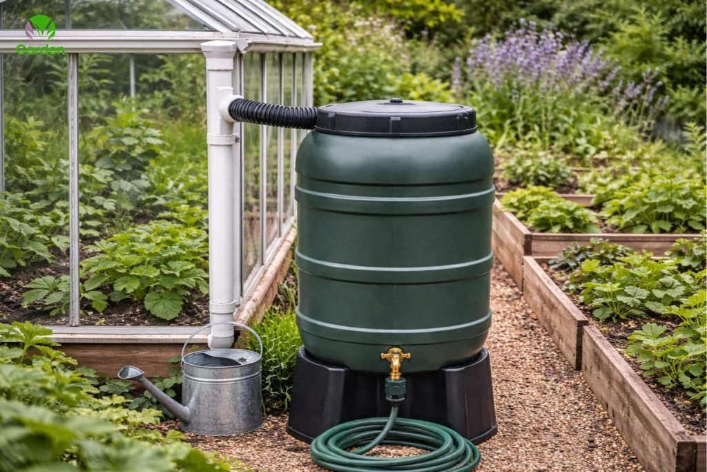 Rainwater butt collecting roof runoff in a garden to manage excess water