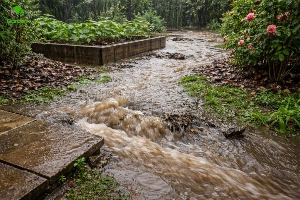 Rainwater runoff flooding garden soil during heavy rain