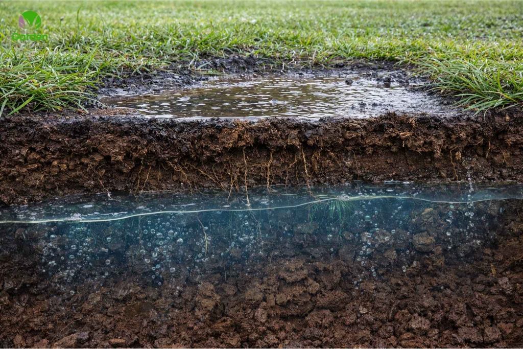 Saturated garden soil below the surface showing trapped water and poor drainage