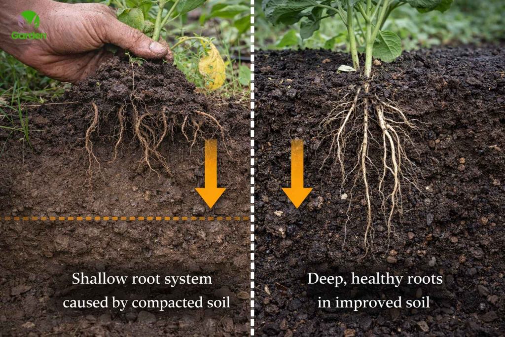 Shallow vegetable roots caused by compacted UK garden soil compared with deep healthy roots in improved soil.